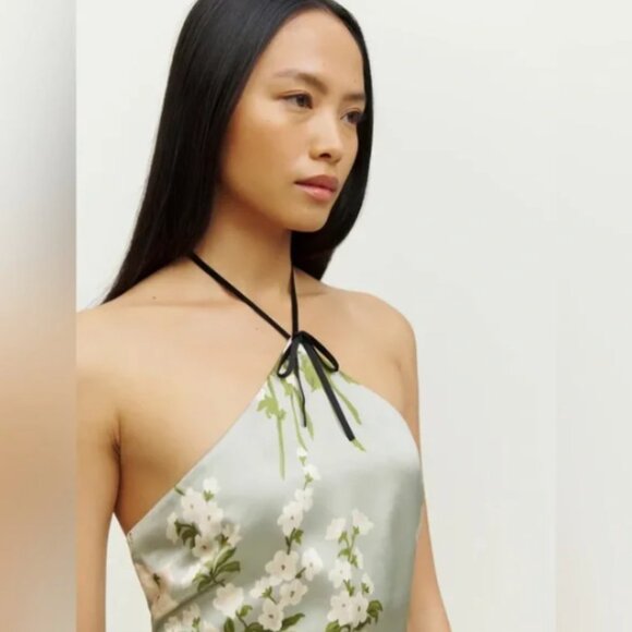 NWT Reformation Poppie Silk Dress Halter Tarragon Green Floral 8 Retail $218.00 - Picture 4 of 15